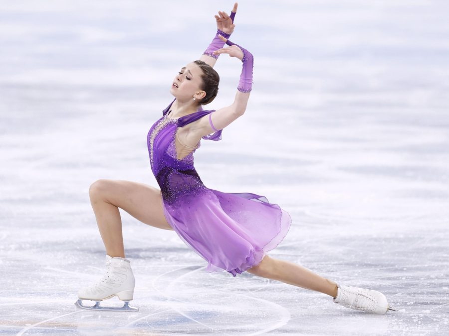 Kamila Valieva of the Russian Olympic Committee performs in the womens short program of the figure skating team event at the Beijing Winter Olympics on Feb. 6, 2022, at the Capital Indoor Stadium. (Photo by Kyodo News via Getty Images)