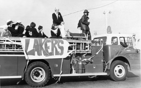 LOHS students ride on a fire truck during the 1964 homecoming parade