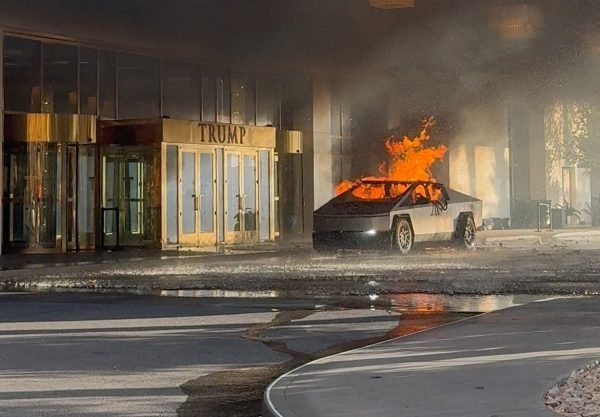 Cybertruck consumed by flames in front of Trump hotel in Las Vegas following the explosion